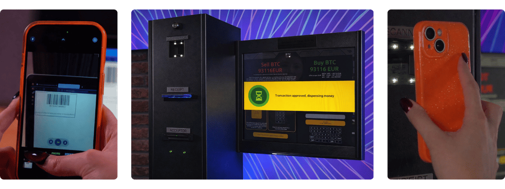 Drei Fotos von Transaktionen an einem Bitcoin ATM