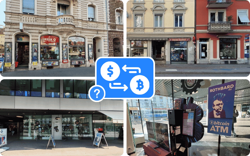 Vier Fotos von Bitcoin ATMs in Zürich mit einem Symbol für den Verkauf von BTC