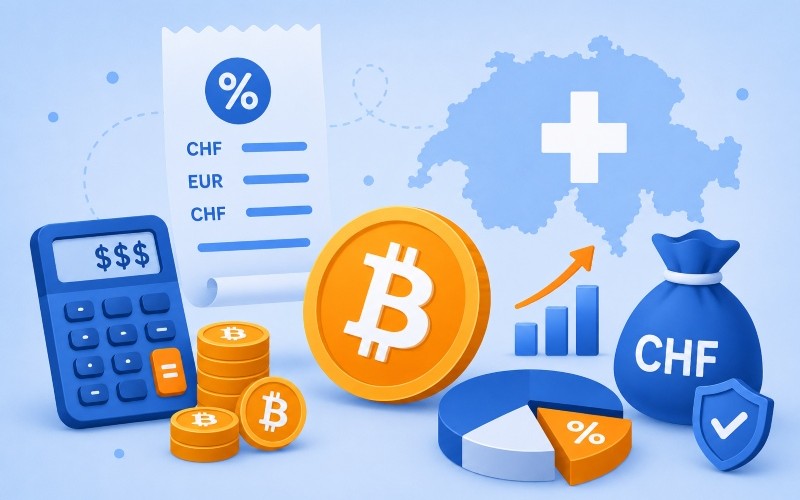 Blaue Grafik mit Bitcoin-Symbolen, Provisionssymbol, Taschenrechner, Geldsack und Gewinnsymbol vor dem Hintergrund einer Schweizer Karte.