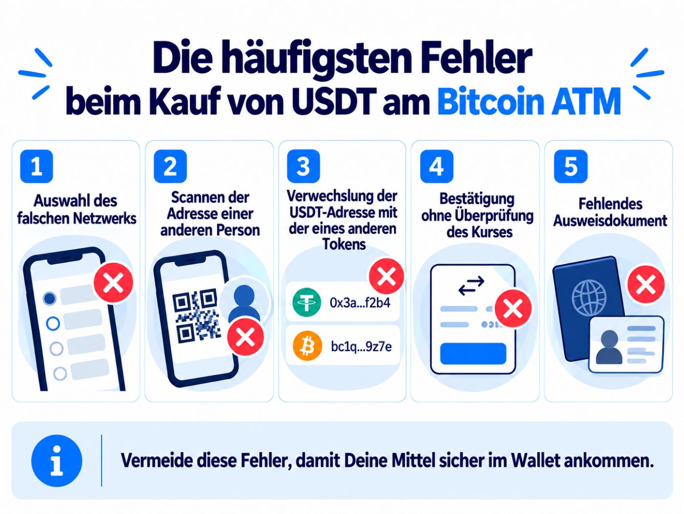 Erklärung der häufigsten Fehler beim Kauf von USDT an einem Bitcoin ATM.