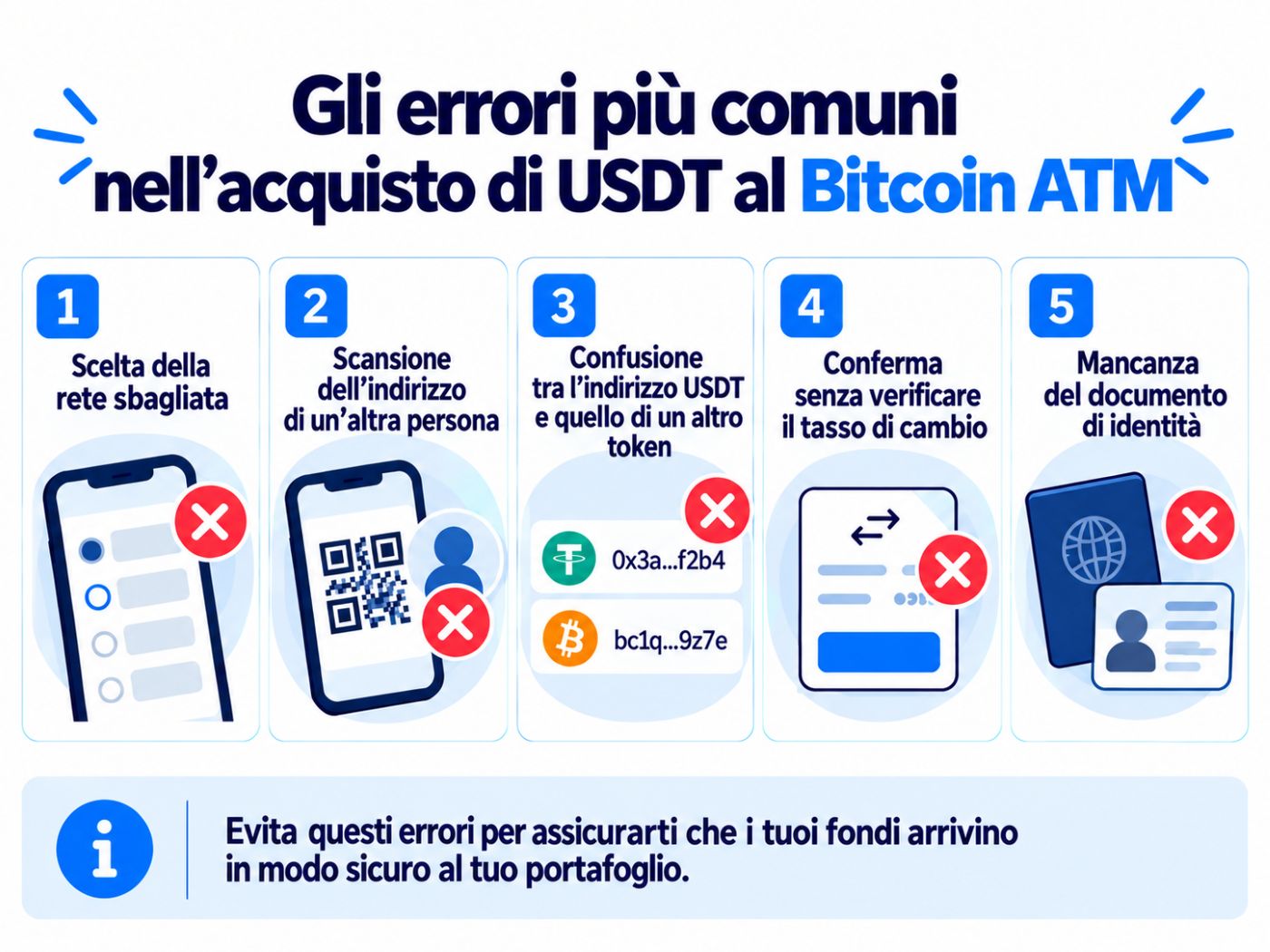 Spiegazione degli errori più comuni quando si acquista USDT presso un Bitcoin ATM.