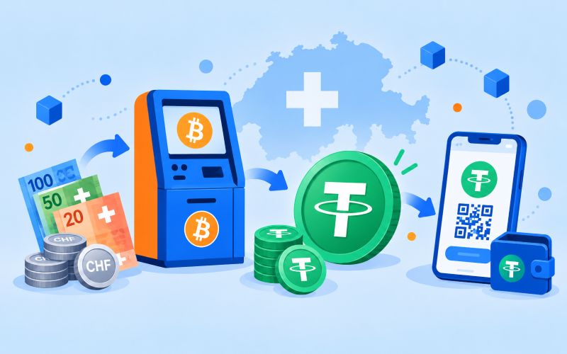 Tether-Symbol, Bitcoin-Automat und Krypto-Wallet vor dem Hintergrund einer Karte der Schweiz. ChatGPT może popełniać błędy. Dane przestrzeni roboczej nie są używane do trenowania modeli.