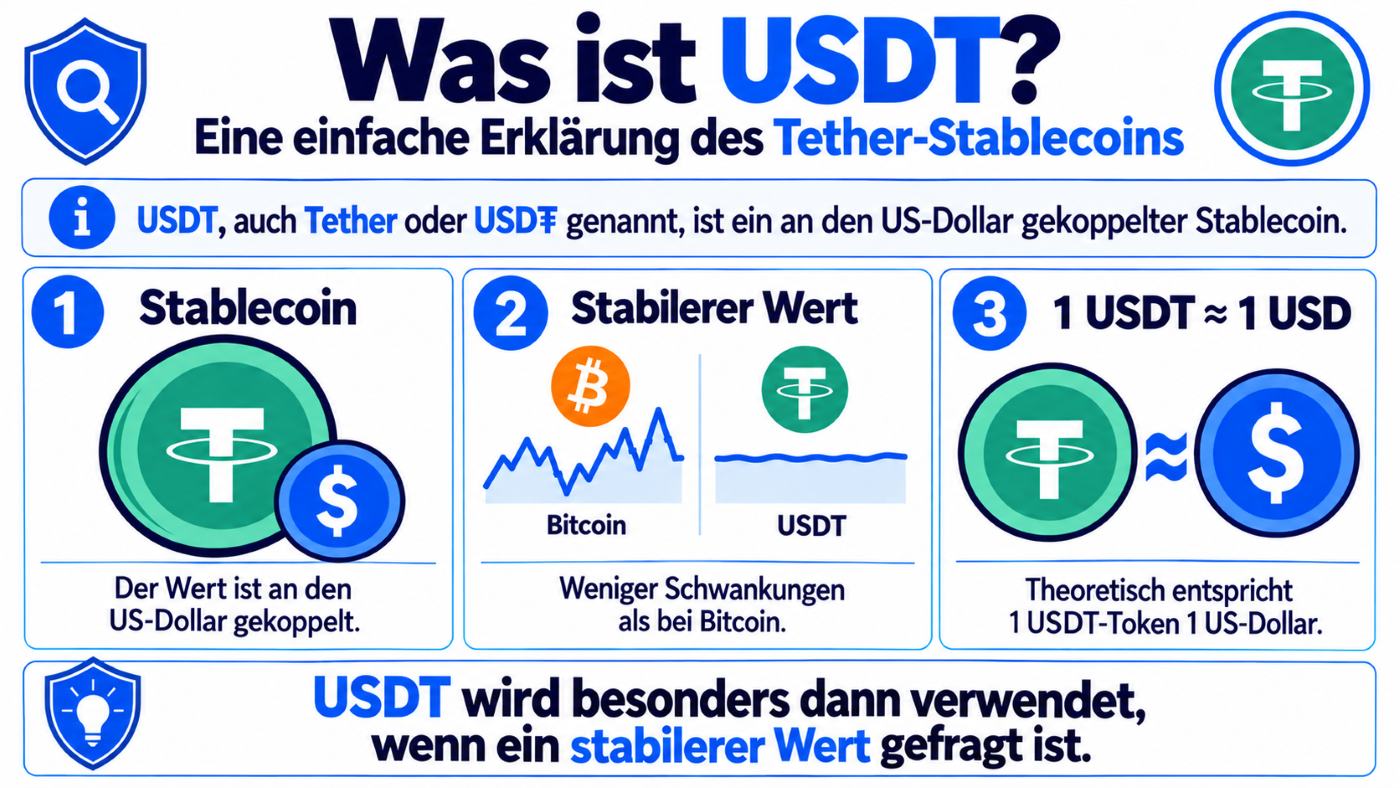 Erläuterung, was USDT ist und worin der Unterschied zwischen Tether und Bitcoin besteht.