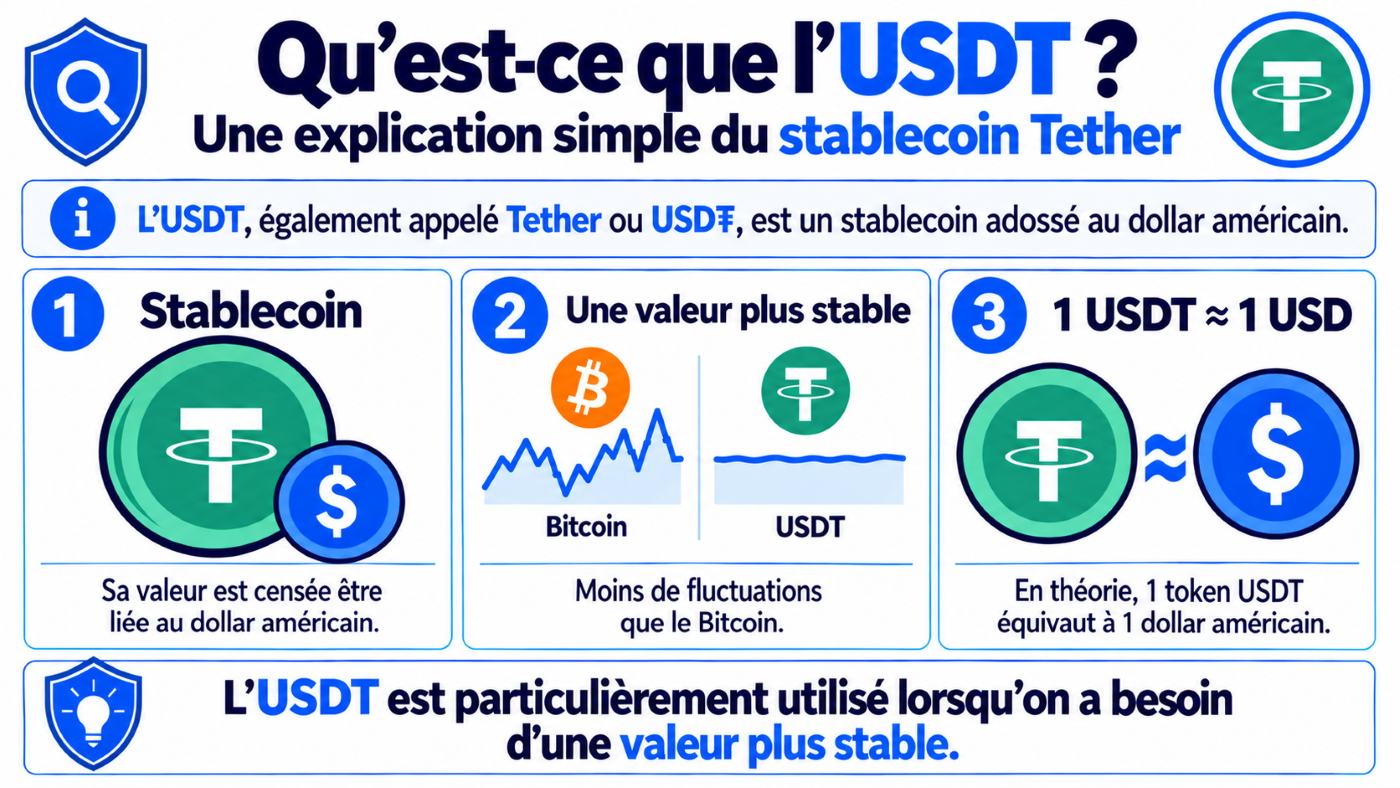 Explication de ce qu’est l’USDT et de la différence entre Tether et Bitcoin.