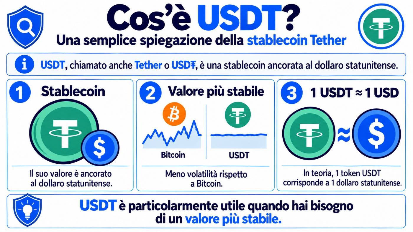 Spiegazione di cos'è USDT e della differenza tra Tether e Bitcoin.