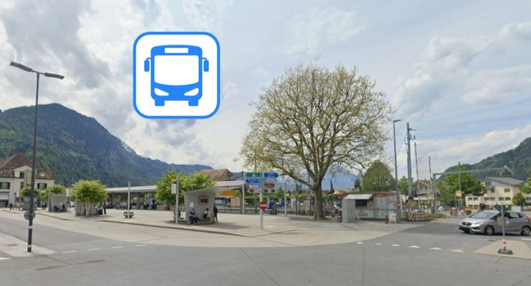 Nächstgelegene Bushaltestelle Interlaken West, Bahnhof, nur 2–3 Gehminuten vom Bitcoin ATM an der Bahnhofstrasse 23d entfernt.